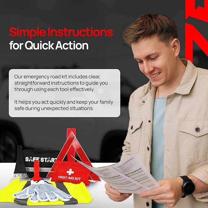 Car Emergency Kit - Car Safety Kit with First Aid, Safety Hammer, Reflectors, Gloves, Ice Shovel - Compact Roadside Tool Kit for Repairs, Snow, Accidents - Protect Your Family on The Road