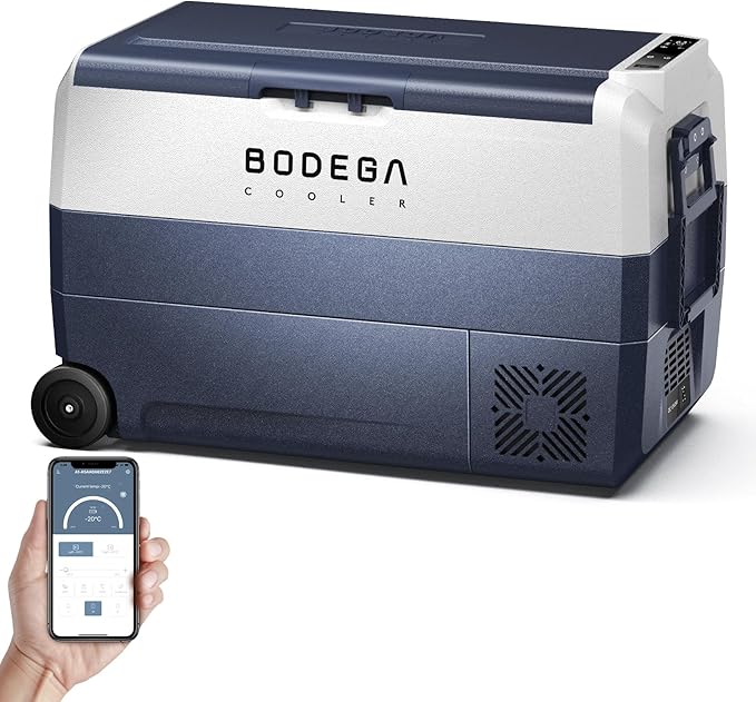 BODEGACOOLER 12 Volt Car Refrigerator,53 Quart Portable Car Freezer Fridge Bluetooth Control,(50L) -4℉-68℉ Electric Cooler 12/24V DC and 100-240V AC for Travel,Camping,RV,Boat Road Trip Tailgating