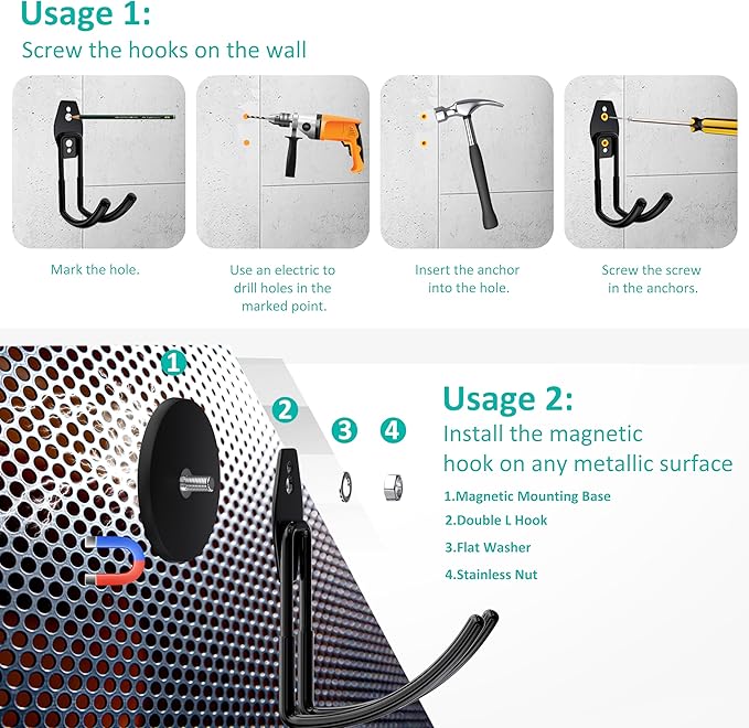 ENUODA Strong Magnetic Hooks Heavy Duty - Magnetic Tool Holder Large Magnet Garage Hooks for Hanging Power Tools, Ladder, Bike, Shovel, Hose, Extension Cord, 2 PCS