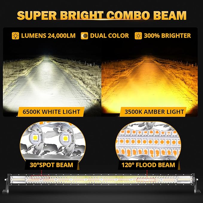 Auxbeam LED Straight Light Bar 50 Inch 288W Amber White Fog Lights, 6 Modes Strobe Yellow Offroad Driving Work Light with Memory Function for Truck Boat Jeep