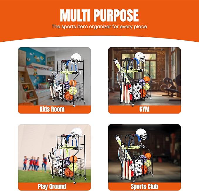 Sports Equipment Organizer - 29.6" W x 42.7" H - Rolling Garage Ball Storage Rack - Golf Bag Storage Stand & Other Sports Equipment & Toys - Indoor/Outdoor Stand - Removable Basket