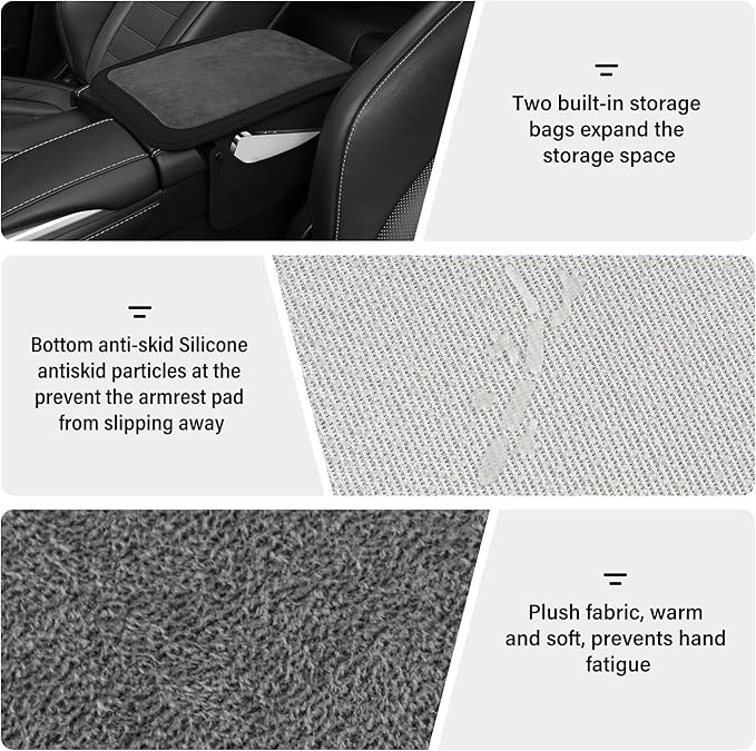 SINGARO Car Leather Center Console Cover with 2 Storage Bags, Universal Furry Fluffy Car Armrest Seat Box Pad, Comfortable Car Interior Accessories, Fits for Most Vehicles (Black)