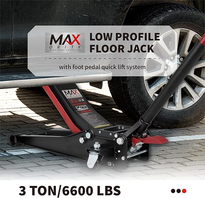 3-Ton (6600lbs) Low-Profile Dual Pistons Heavy-Duty Steel Racing Floor Jack with Quick Lift Hydraulic Pump, Foot Pedal and Magentic Pad for Car Maintenance (Red, 3 Ton Low Profile)