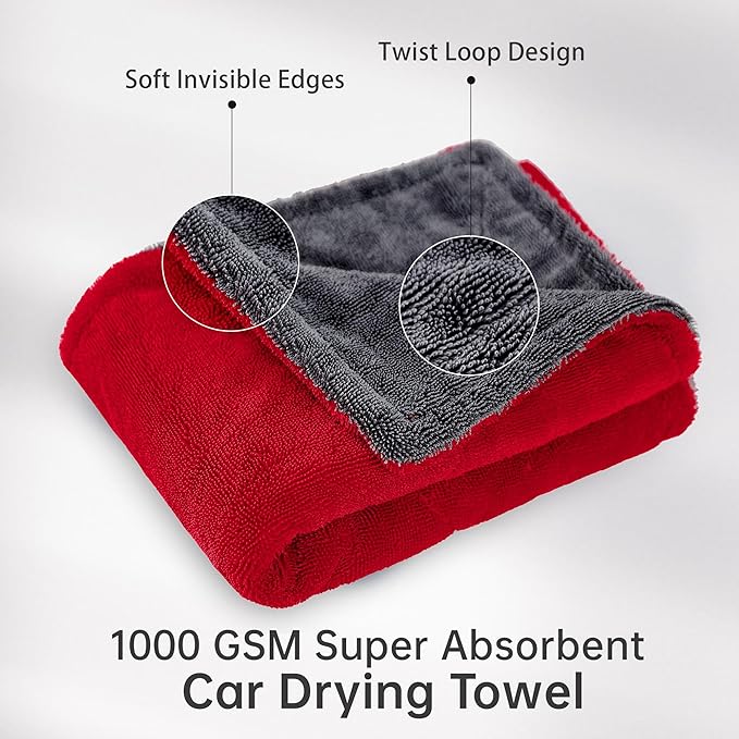 LIVOS Extra Large Car Drying Towel, Twisted Terry Microfiber Towels for Cars, 1000GSM Professional Quick Dry Cleaning Cloth for Car, Scratch-Free, Absorbent Wash Towel, 25" x 36" (Red&Grey)