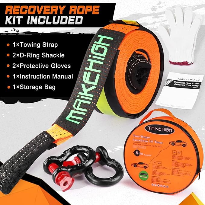 MAIKEHIGH Tow Strap Heavy Duty with Hooks, 2"×16ft 22,000Lbs Tow Rope with D-Ring Shackles (2pcs) + Protective Gloves (2pcs), Emergency Recovery Strap for Car Truck SUV ATV (Orange)