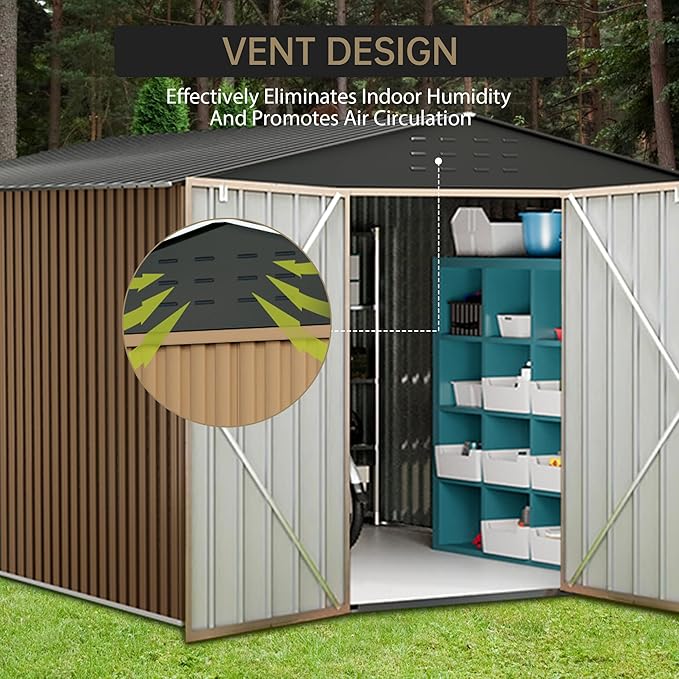 8X8FT Outdoor Metal Storage Shed, Lockable Weatherproof Garden Shed for Tools & Equipment, Durable Galvanized Steel with Sloping Roof & Ventilation, Ideal for Backyard, Patio & Garage Storage, Brown