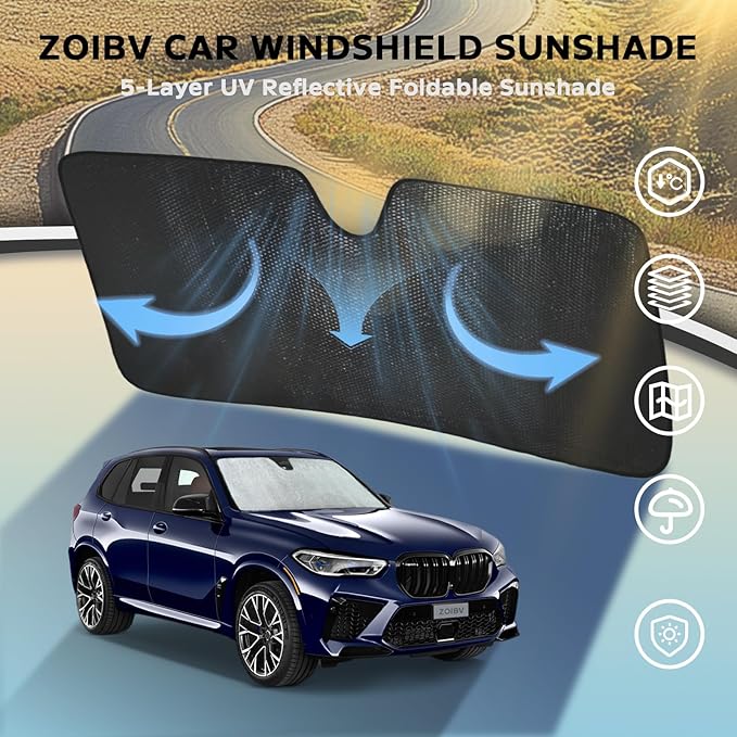 Windshield Sun Shade for BMW X5 2019-2025 - 5-Layer Bubble Foldable Front Window Shade Sun Visor Accessories - Blocks Heat & UV Rays