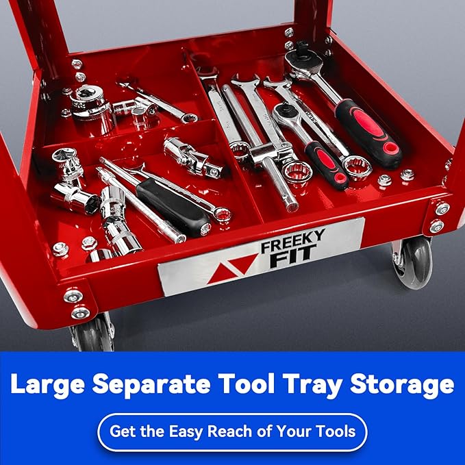 Rolling Creeper Garage Shop Seat for Men, Padded Mechanics Stool with Tool Tray Storage for Garage, Rolling Workshop Stool with Wheels, Auto Creeper Seat, 330 LBS Capacity, Heavy Duty, Red
