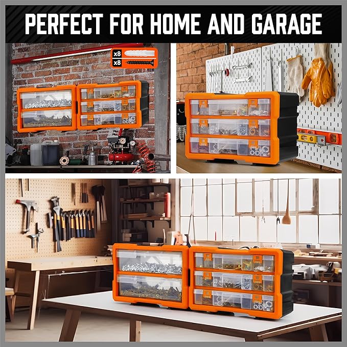 HORUSDY 38-Drawer Durable Screw Organizer, Small Parts Organizer for Hardware, Tools, Screws, Heavy-Duty Wall Cabinet Storage of Beads, Crafts (3 Large Drawers with Dividers for 36 Compartments)
