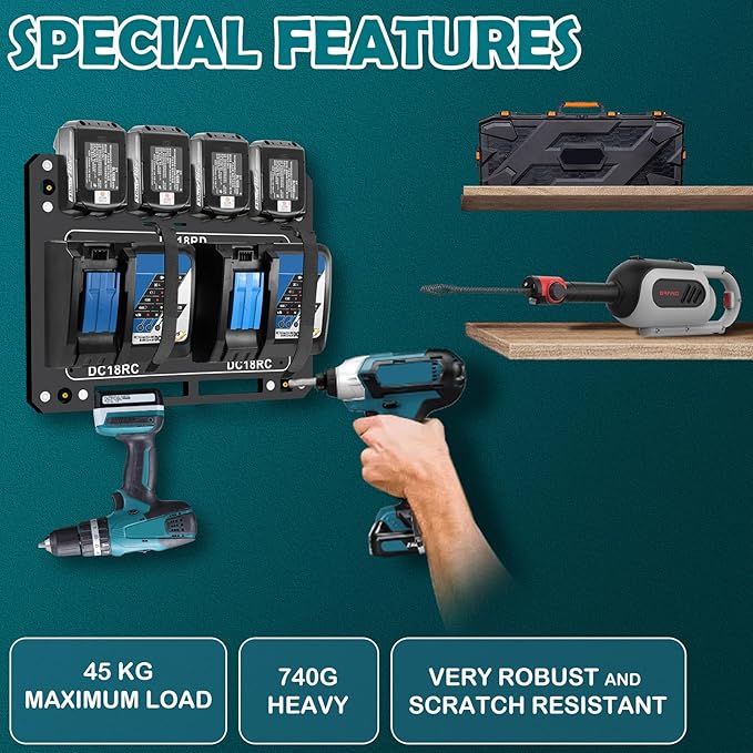 Charger Mount for Makita DC18RC, DC18RD Charger, Wall Mount for Makita 4X 14.4V/18V Batteries and 2 Drilling Screwdrivers, Heavy-Duty Garage Workshop Organization