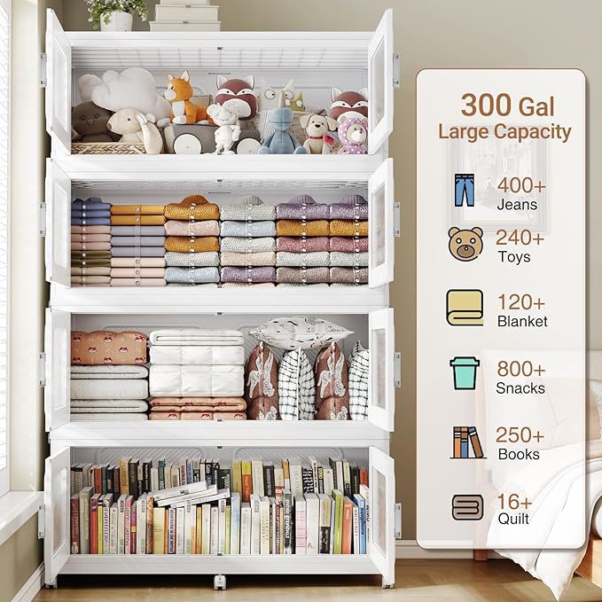 1200 Qt Stackable Storage Bin with Lid, 300Gal Extra Large Collapsible Storage Boxes, Folding Plastic Drawer, Heavy-Duty Store Cabinet, Closet Organizer for Home Kitchen, 4 Pack White