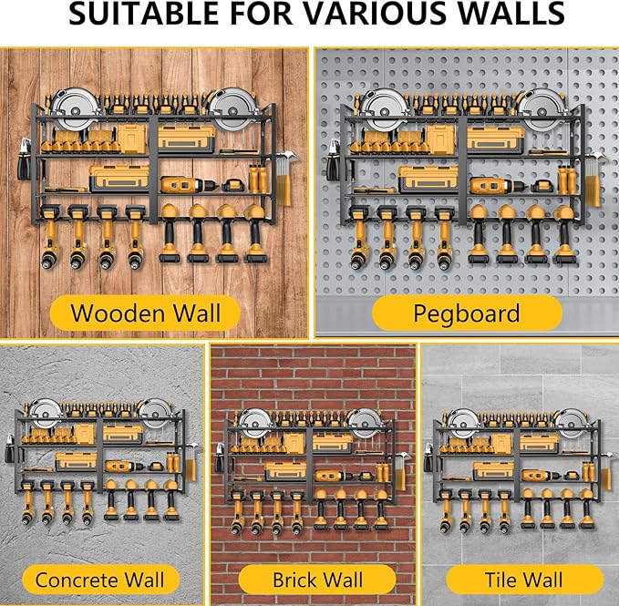 Power Tool Organizer Wall Mount：Heavy Duty Drill Holder Rack with 8 Slots, 4-Tier Metal Tool Shelf for Garage Storage, Workshop, DIY(32inch)