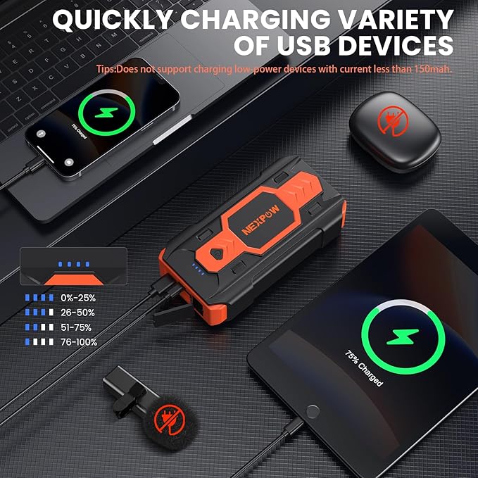 NEXPOW Car Battery Jump Starter 3000A, Portable Jumper Starter (up to 8.0L Gas/8L Diesel Engines) 12V Car Battery Booster Pack with USB Quick Charge 3.0 and 4 LED Modes Red Blue Warning