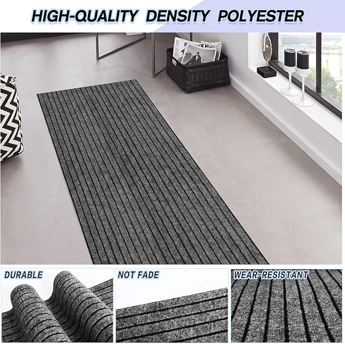 Custom Size Backed Non-Slip Area Rugs Runner, Easy Clean, Waterproof Runner Rugs for Hallway Entryway, Kitchen, Laundry, 4FT x 58FT, Gray Stripe