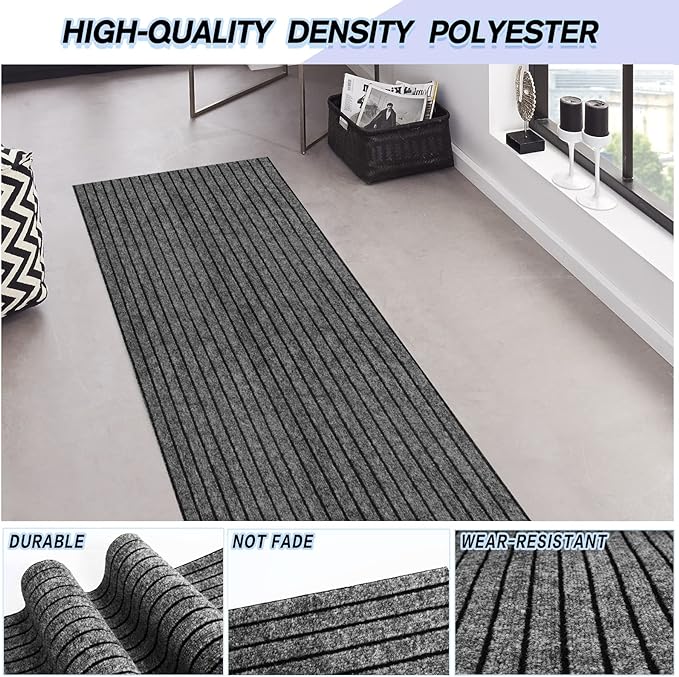 Custom Size Backed Non-Slip Area Rugs Runner, Easy Clean, Waterproof Runner Rugs for Hallway Entryway, Kitchen, Laundry, 2FT x 59FT, Gray Stripe
