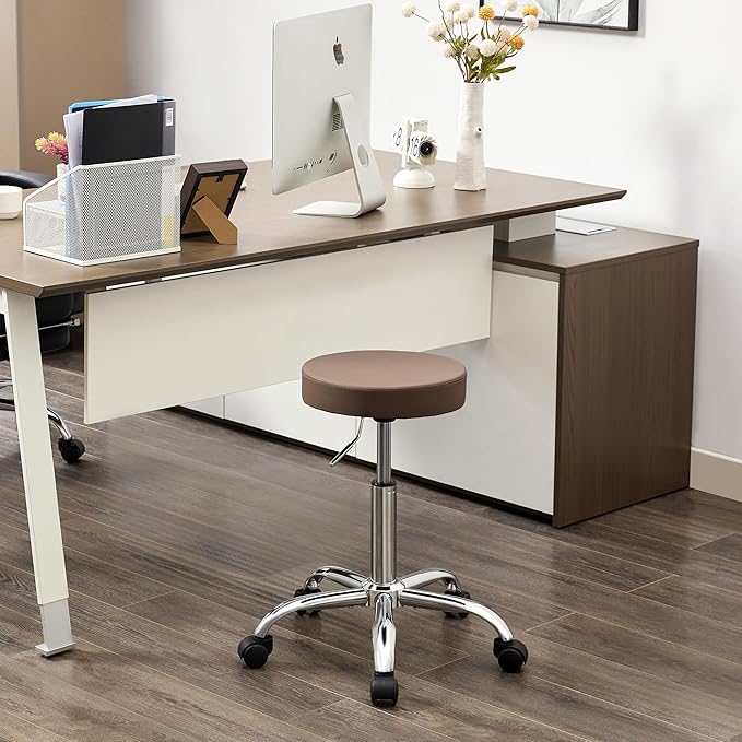 Adjustable Office Stool with Wheels 19.5’’-26.6’’, Brown Thick Cushion Backless Rolling Chair (Coffee Brown)
