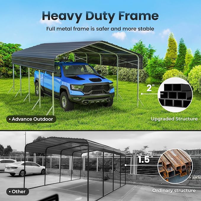 12x20ft Heavy Duty Metal Carport – Outdoor Galvanized Garage, Sturdy Structure, All-Weather Protection, Easy Assembly for Cars, Trucks, Boats, Tractors, and Outdoor Storage (Grey, 12x20FT)