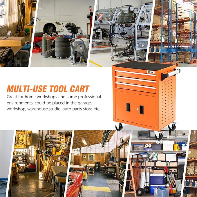 DNA MOTORING 3-Drawer Rolling Tools Chest, Rolling Tool Storage Cabinet, Heavy Duty Mechanic Tool Cart, Trolley Organizer for Garage, Warehouse, Workshop, Orange, TOOLS-00405