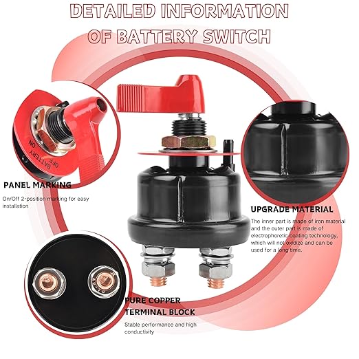 12V Battery Disconnect Switch with Panel, High Current Battery Cut Off Switch, Heavy Duty Kill Switch for Cars, Trucks, Boats, RVs, Forklifts and Heavy Equipment