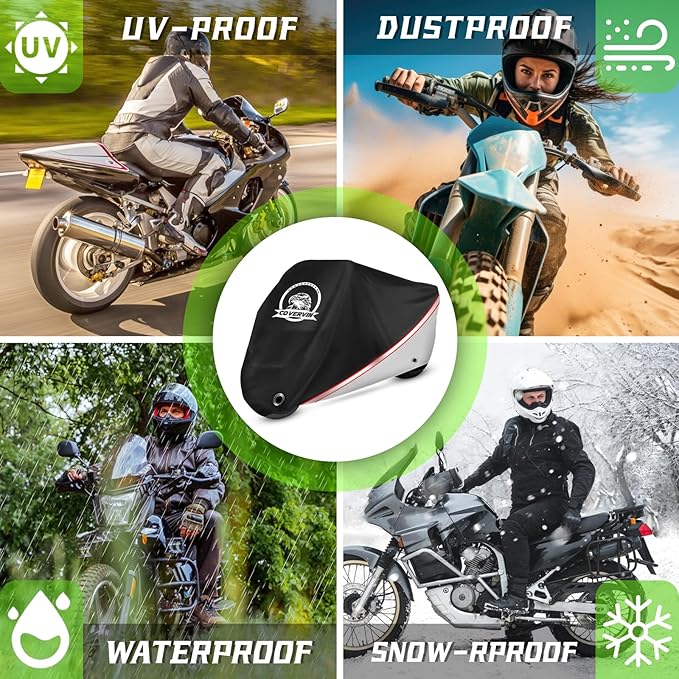 COVERVIN Motorcycle Cover, All Weather Outdoor Waterproof Night Protection with Reflective Strips, Locking Holes and Storage Bag for 96 Inch Suzuki, Kawasaki, Honda, Harley-Davidson(Silver XL)