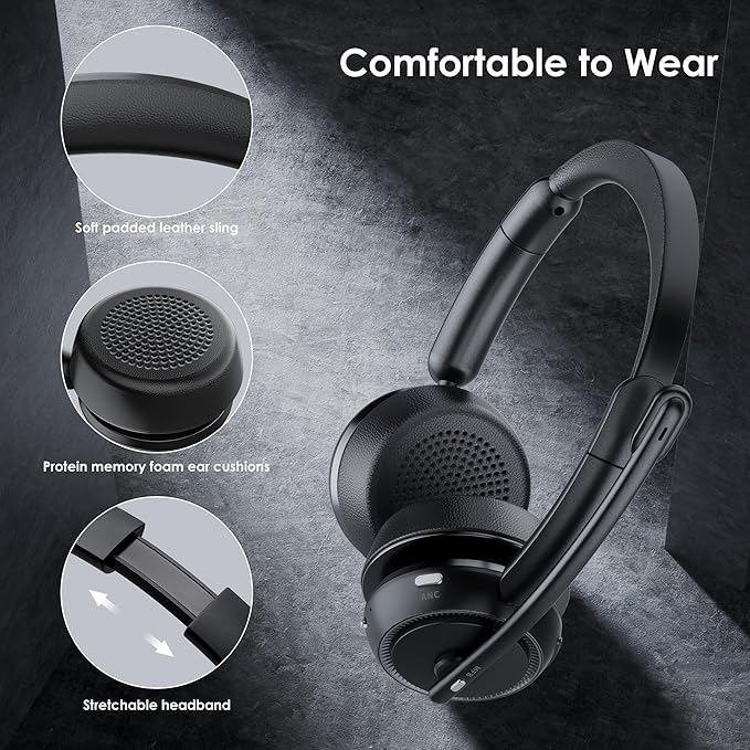 Wireless Headset with ANC & ENC, Bluetooth 5.4 Headset with USB Dongle, Wireless Headphones with Flip-to-Mute Microphone for Work from Home/Office/PC/Cell Phones