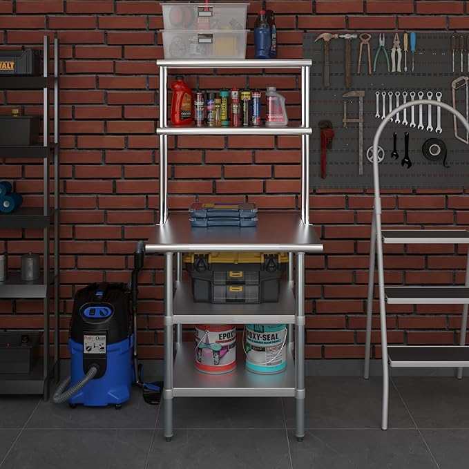 Amgood Stainless Steel Work Table with 2 Shelves | Metal Kitchen Prep Table & Shelving Combo (30" x 30" Table with 2 Shelves + 12" Overshelf)