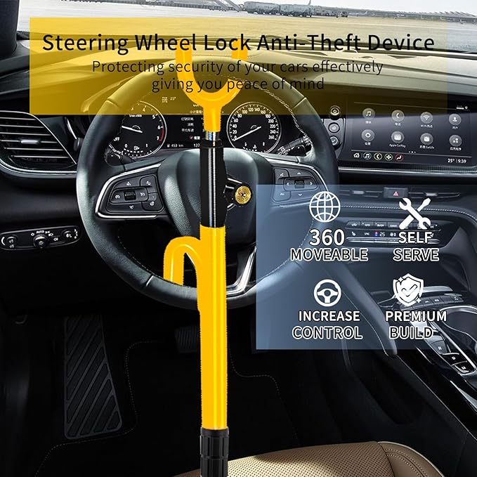 Steering Wheel Lock,Heavy Duty Anti-Theft Car Device,Adjustable Length Locking with 3 Keys Universal Fit for Cars Trucks Vans and SUVs (Yellow)