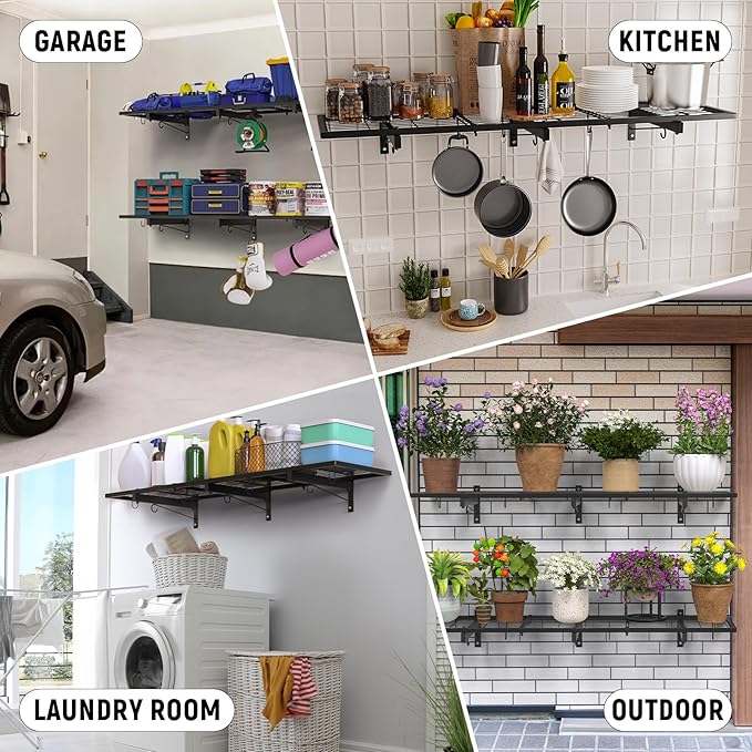 2 Pack Garage Wall Shelves, 46"X 12.5" Garage Shelving Wall Mounted, Heavy Duty Wall Shelf Organizer with 8 Hooks, Black Floating Storage Metal Rack 320 LBS Capacity for Laundry Room, Office, Basement