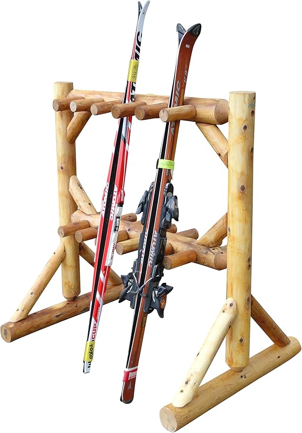 11-Place Freestanding Log Ski Rack Holder, Indoor & Outdoor Snowboard Racks, Standing Storage, Garage Racks for Snow Skis, Durable Snowboard Rack Garage Storage Organizer - Natural + 15" Anchor Kit