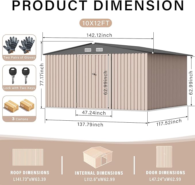 10X12FT Outdoor Metal Storage Shed, Lockable Weatherproof Garden Shed for Tools & Equipment, Durable Galvanized Steel with Sloping Roof & Ventilation, Ideal for Backyard, Patio & Garage Storage, Brown