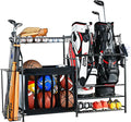 PLKOW Sports Equipment Organizer Rack, Garage Ball Rack, 2 Golf Bag Storage and Sports Gear Organizer for Garage