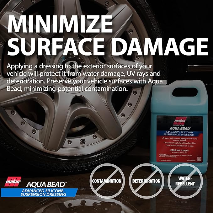 Malco Aqua Bead Water Based Dressing - Non-Greasy Interior and Exterior Dressing/Shines Car Tires, Rubber, Plastic and Trim/Concentrated Formula, Dilutable for Variable Gloss / 1 Gallon (129601)