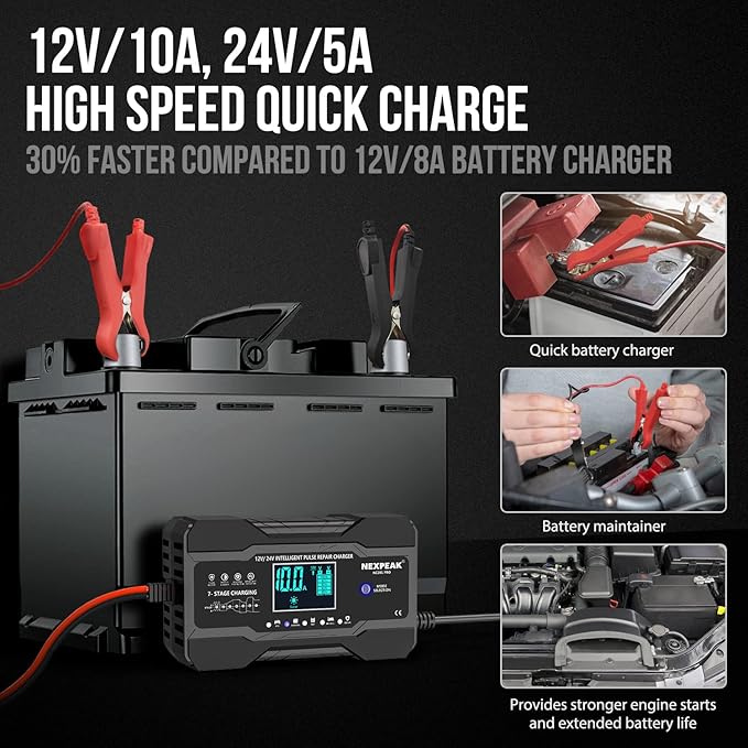 NEXPEAK 10-Amp Car Battery Charger, 12V and 24V Smart Fully Automatic Battery Trickle Charger Maintainer w/Temp Compensation for Truck Motorcycle Lawn Mower Boat Marine Lead Acid Batteries