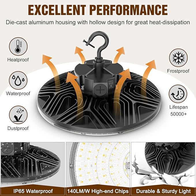6 Pack 480V LED High Bay Light UL DLC Listed UFO Light 300W 240W 200W Adjustable, Dimmable High Bay LED Shop Lights 5000K Daylight, IP65 Commercial Bay Lighting for Warehouse Factory