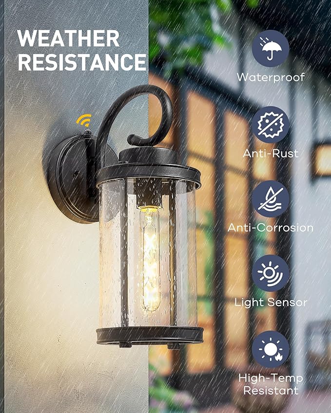 kudos Dusk to Dawn Outdoor Lighting, 15.8 inch Large Cylinder Porch Lights, Anti-Rust Waterproof Outdoor Wall Light for Patio, Garage, Black with Seeded Glass, KDOWL01-BK-L-LC