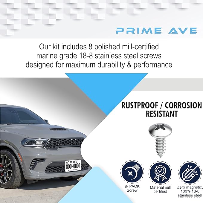 Stainless Steel License Plate Screws for License Plates, Frames, Covers - Rust Proof Licence Plate Screw Set for Front/Rear - Compatible with Chrysler Dodge Jeep & Ram (Pack of 8)
