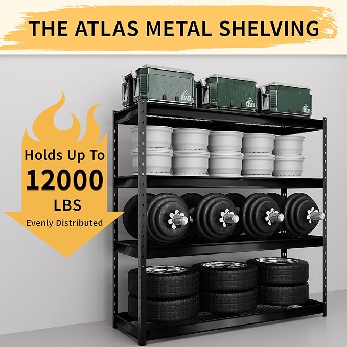 The Atlas 72" W Metal Garage Shelving Unit Load 12000 Lbs, Heavy Duty Storage Rack, Adjustable Industrial Shelves for Warehouse Shop Basement, 72" W x 24" D x 72" H, Grey