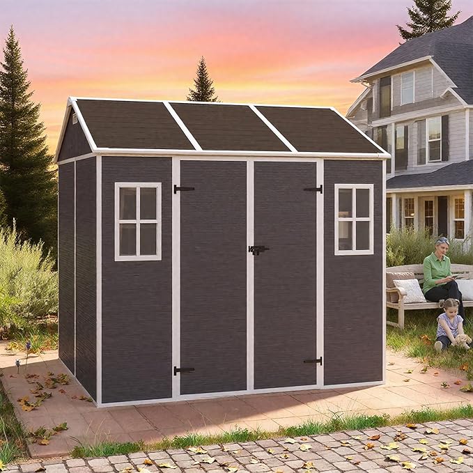 8x7 FT Outdoor Storage Resin Shed with Floor,Waterproof Plastic Garden Bike Shed with Lockable Door, Sloped Roof, Vents & Windows, Easy Assembly Tool Shed for Lawn, Backyard, Patio, Black