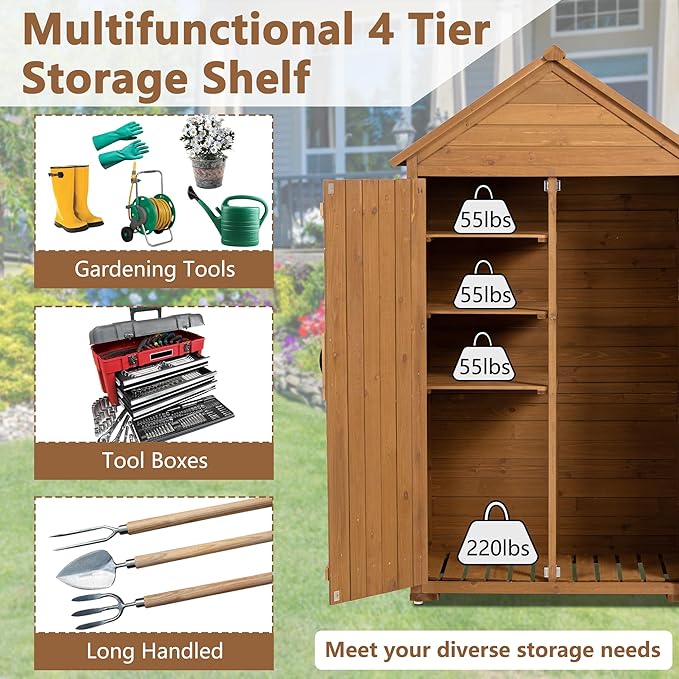 39.56"x 22.04"x 68.89" Outdoor Storage Cabinet with Removable Shelves, Waterproof Roof, and Adjustable Feet - Fir Wood Garden Tool Shed for Yard, Patio, Deck, and Garage,Yellow Brown