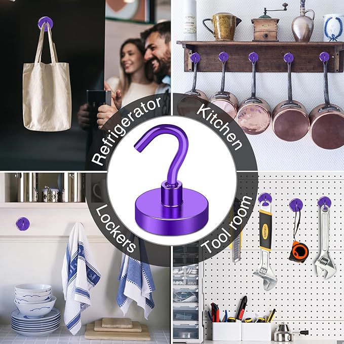 MIKEDE Magnetic Hooks,80LB Heavy Duty Magnets with Hook for Fridge, Super Strong Magnets Neodymium Extra Strength Industrial Hooks for Hanging, Toolbox, Cruise(Purple, 4 Pack)