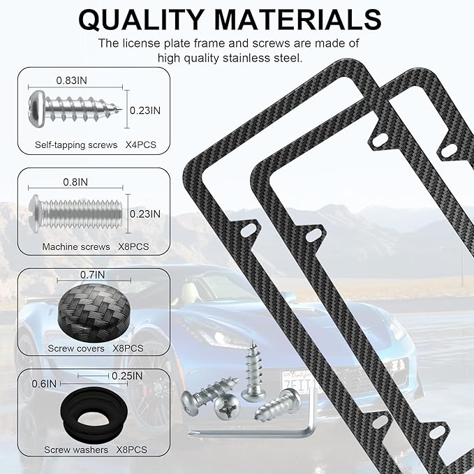 LivTee Carbon Fiber License Plate Frames, 4 Holes Stainless Steel License Plate Covers, 2PCS Car License Plate Holder, Automotive Exterior Accessories, Slim Design with Gasket Cover for US Cars