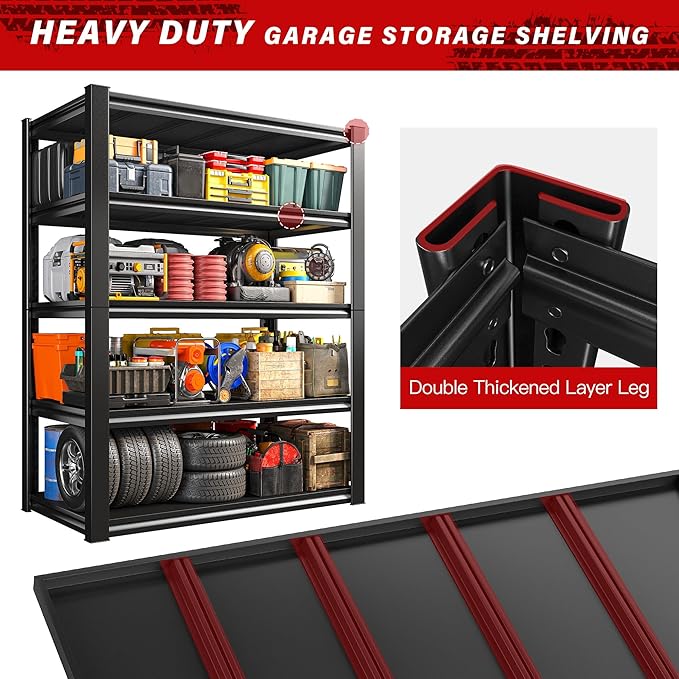 REIBII 40" W Garage Shelving, Heavy Duty Storage Shelves Load 2500LBS, 5-Tier Adjustable Metal Shelving, Garage Shelves for Warehouse, Pantry, Basement, 72" H x 40" W x 18" D, 4Pack