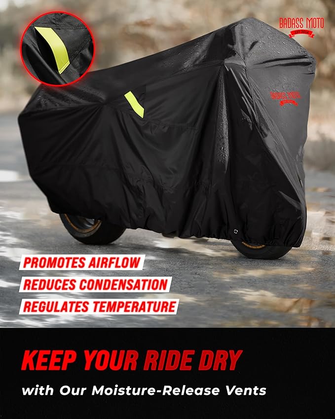 Badass Moto Ultimate Motorcycle Cover Waterproof Outdoor Heavy Duty Fits Harley Davidson Sportster Cover Durable Rain Sun Weather Shelter For Triumph, Fat Bob, Indian Scout, Sport Bike, Medium Cruiser