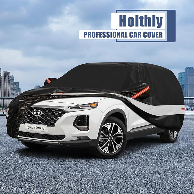 10 Layers SUV Car Cover Custom Fit for Hyundai Santa Fe (2006-2024) Waterproof All Weather for Automobiles, Outdoor Full Cover Rain Sun UV Protection with Cotton.Black