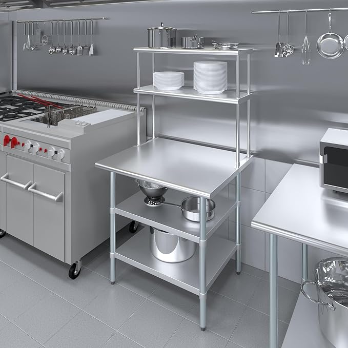 Amgood Stainless Steel Work Table with 2 Shelves | Metal Kitchen Prep Table & Shelving Combo (30" x 36" Table with 2 Shelves + 12" Overshelf)