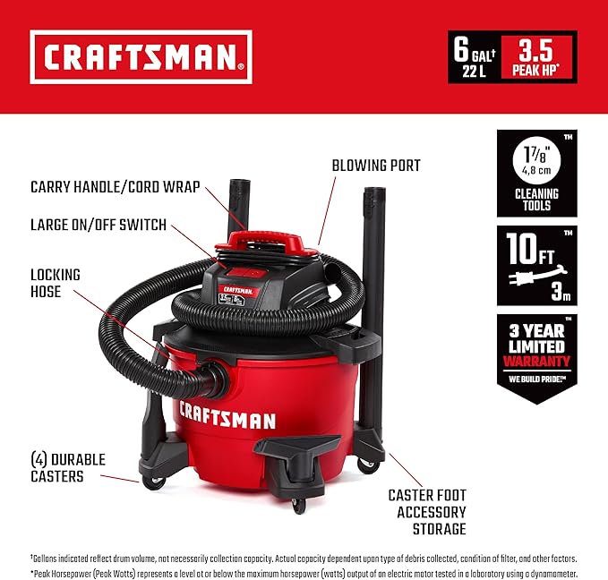 CRAFTSMAN CMXEVBE17584 6 Gallon 3.5 Peak HP Wet Dry Vac, Portable Shop Vacuum Wet and Dry with Filter, Dust Bag, Hose and Attachments for Home, Garage and Automotive Cleaning