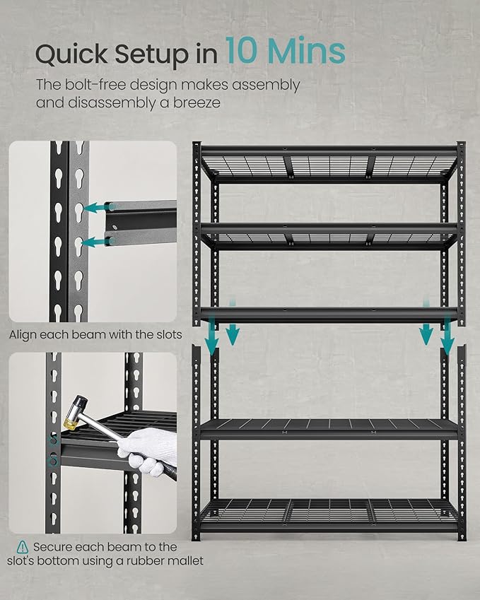 SONGMICS 5-Tier Storage Shelves Set of 2, Heavy-Duty Garage Shelving, Adjustable Shelving Unit, Steel Shelf, Boltless Assembly, for Garage, 2,200 lb Load, 24 x 96 x 72 Inches, Ink Black UGLR454B02