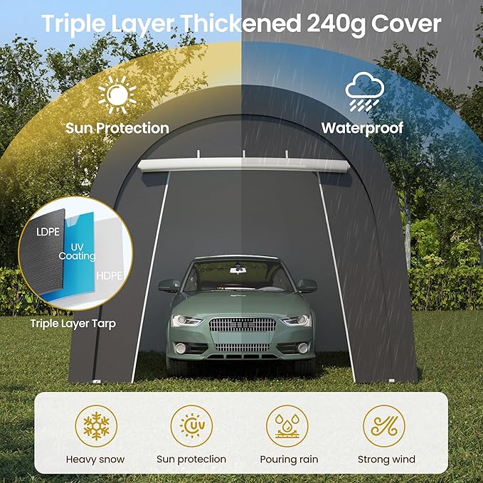 Kiss the Water Carport, Round Portable Garage, Steel Heavy Duty Carport with Ground Stakes, Tensioner and 2 Roll Up Windows PE Fabric Car Port, Garage, Storage Shed, Tent for Storage, SUV (10x15 Ft)