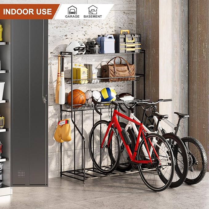4 Bike Stand, Bike Rack Garage with 3-Tier Storage Rack, Bicycle Stand for Garage Organizer, Indoor Sporting Gear Storage Station for Mountain/Road/Hybrid & Fat Tire Bike, Patent Pending