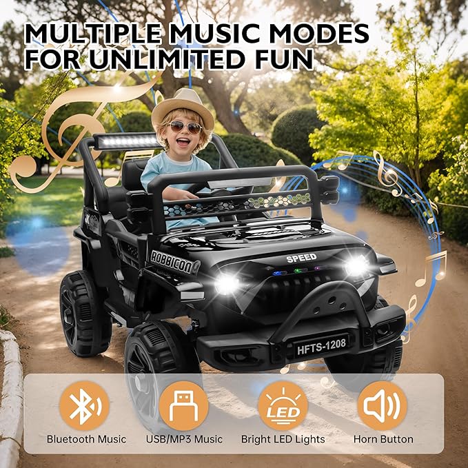 12V Ride on Electric Truck Car for Kids, 12V Kids Electric Vehicles w/Remote Control, Four-Wheel Suspension, USB, Bluetooth, Power Display, Lights, Battery Powered Ride on Toys for Boys Girls (Black)